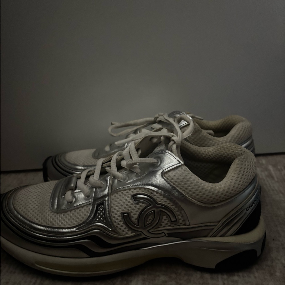 CHANEL Silver & White CC Logo Sport Sneakers